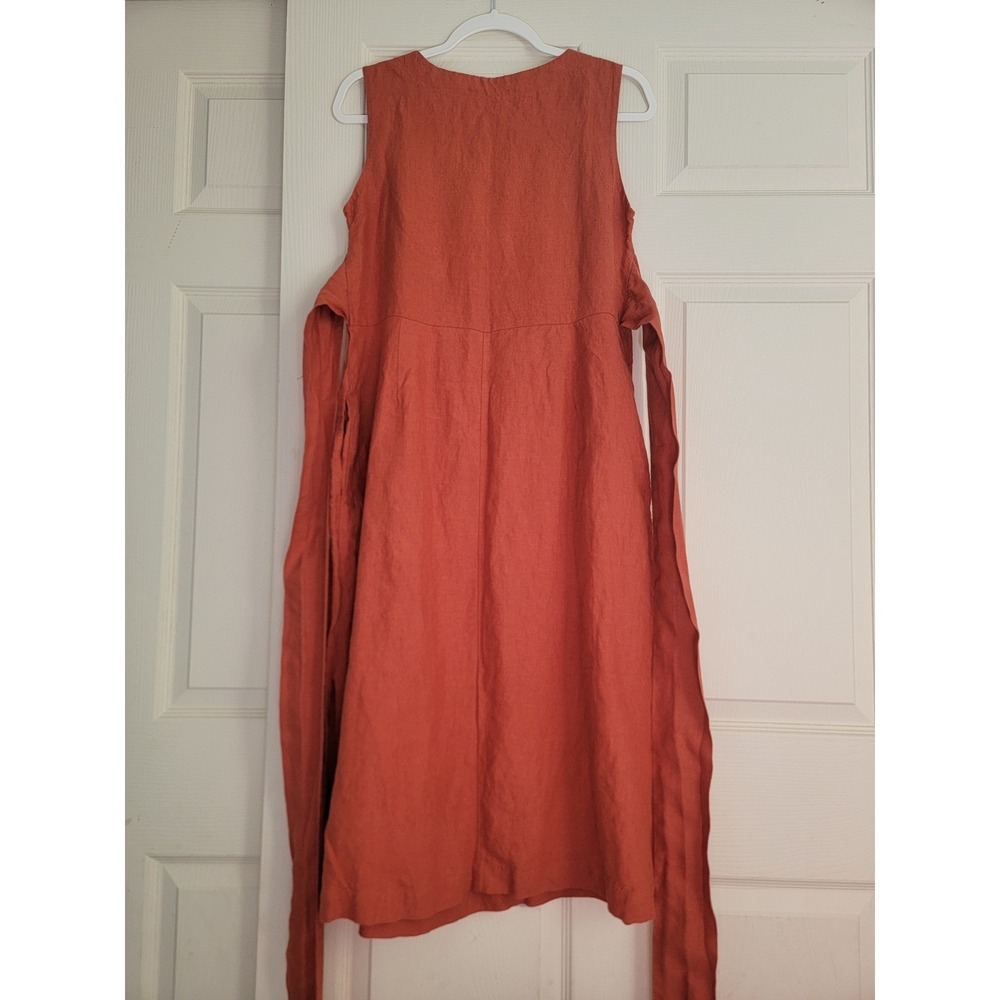 menique 100% Linen Hailey Sleeveless Obi Wrap Midi Dress Belted Red Small Pocket - Picture 6 of 15